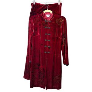 CLIO Red Velvet Floral Tunic Jacket & Pant Set Asian Vintage Womens Petite S